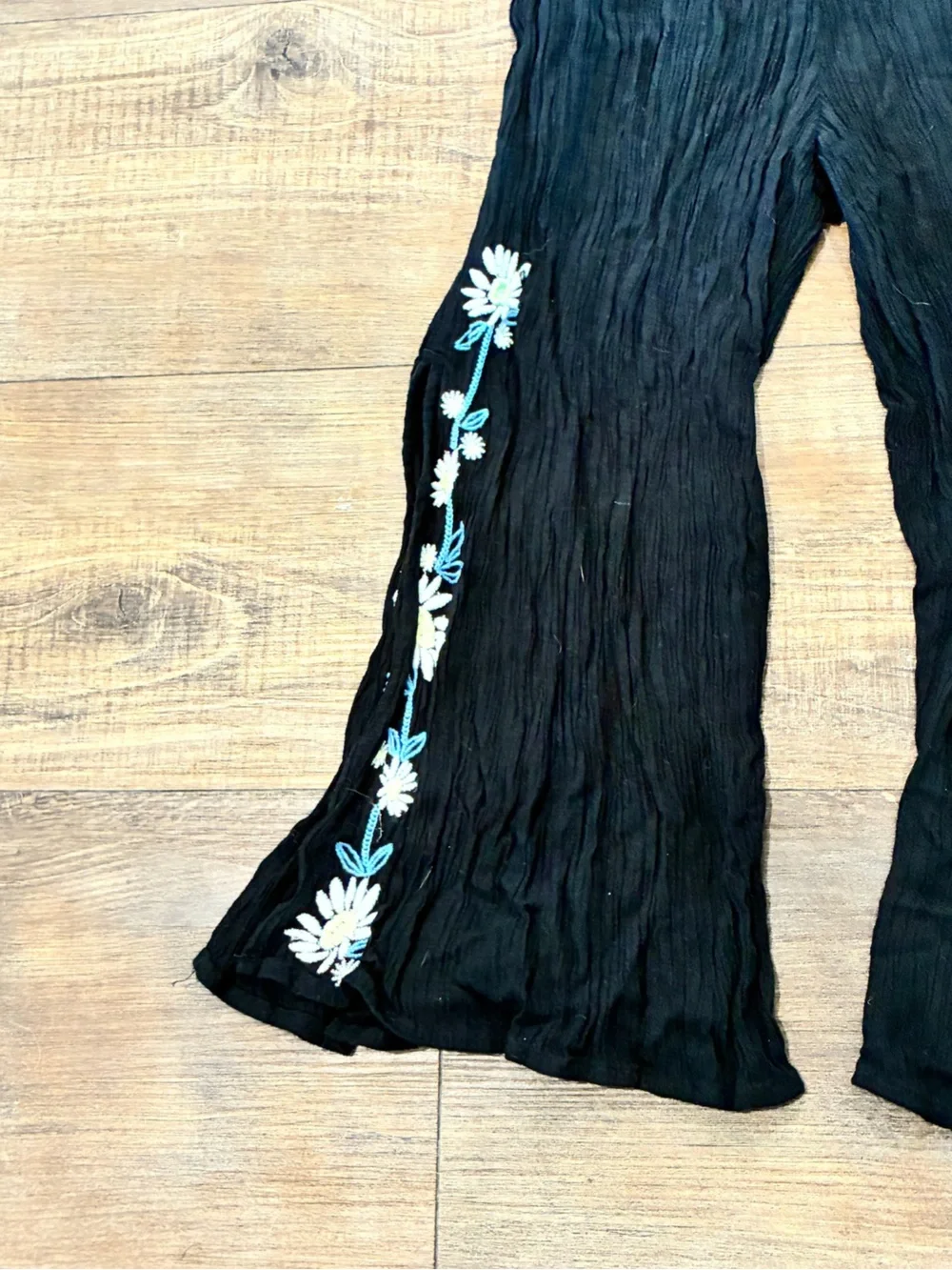Justice Girls Crinkle Crepe Textured Black Cami Jumpsuit with Floral Embroidery